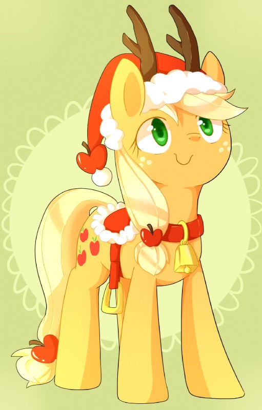 antlers apple bell blonde_hair christmas_clothing christmas_headwear clothing collar cutie_mark fashion_saddle female feral food freckles fruit fur green_eyes hair hat headgear headwear holidays horn long_hair multicolored_hair orange_body orange_fur plant saddle santa_hat smile solo aosion christmas friendship_is_magic hasbro my_little_pony applejack_(mlp) earth_pony equid equine horse mammal pony hi_res