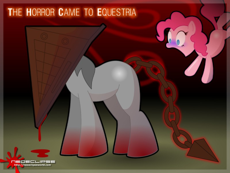 alternate_species blood blue_eyes bodily_fluids duo female feral for_a_head fur gasp hair parody pink_body pink_fur pink_hair ponification quadruped shocked tail text neoeclipse friendship_is_magic hasbro konami my_little_pony silent_hill pinkie_pie_(mlp) pyramid_head earth_pony equid equine horse mammal object_head pony 4:3 crossover english_text