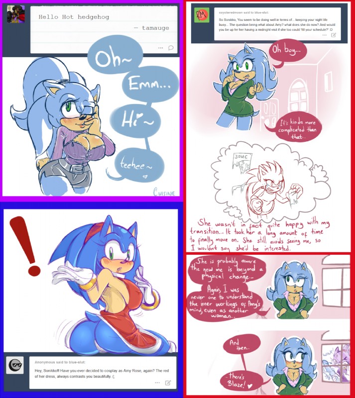 anthro big_breasts breasts butt cleavage clothed clothing crossgender dialogue dildo duo female greeting sex_toy solo text thick_thighs thin_thighs wide_hips missphase sega sonic_the_hedgehog_(series) amy_rose blaze_the_cat sonic_the_hedgehog domestic_cat eulipotyphlan felid feline felis hedgehog mammal 2015 english_text hi_res