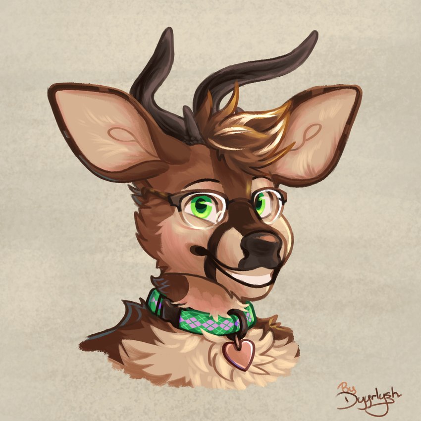 anthro antlers argyle_(pattern) argyle_collar black_antlers black_nose brown_body brown_fur collar collar_tag eyebrows eyewear fur glasses green_collar green_eyes grey_background head_tuft heart_collar_tag horn looking_at_viewer simple_background smile smiling_at_viewer snout solo tan_body tan_fur tan_inner_ear teeth tuft wearing_glasses dyyrlysh deer mammal 1:1 2022 absurd_res bust_portrait digital_drawing_(artwork) digital_media_(artwork) hi_res krita_(artwork) portrait shaded signature