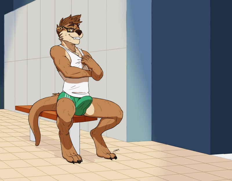 anthro biped bodily_fluids briefs bulge clothed clothing detailed_bulge erection erection_under_clothing eyewear genital_outline glasses inside looking_at_viewer male penis_outline shirt sitting smile solo sweat tank_top topwear underwear kenjin tarrin mammal mustelid otter hi_res