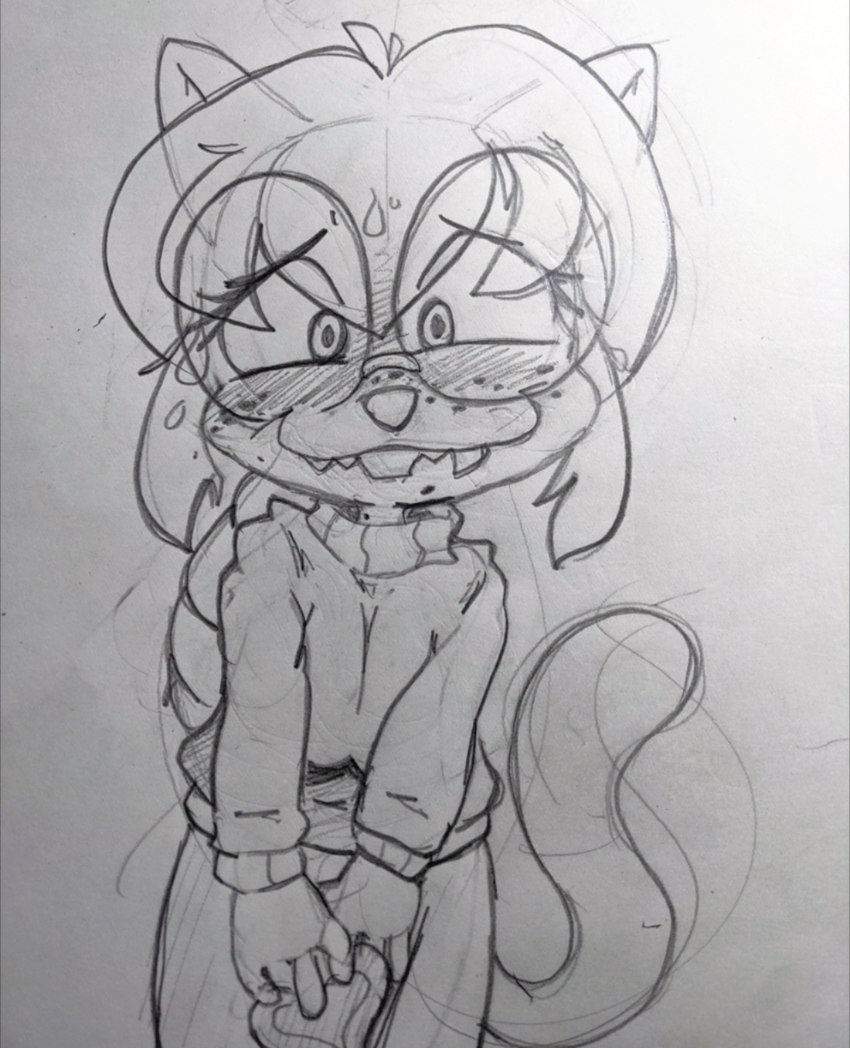 anthro big_breasts blush bodily_fluids braided_hair breasts buckteeth clothing eyelashes eyewear fangs female freckles glasses hair heart_symbol holidays nervous nervous_smile smile solo sweat sweater teeth topwear scott_ramsoomair valentine's_day vg_cats april_(vg_cats) domestic_cat felid feline felis mammal 2023 hi_res sketch