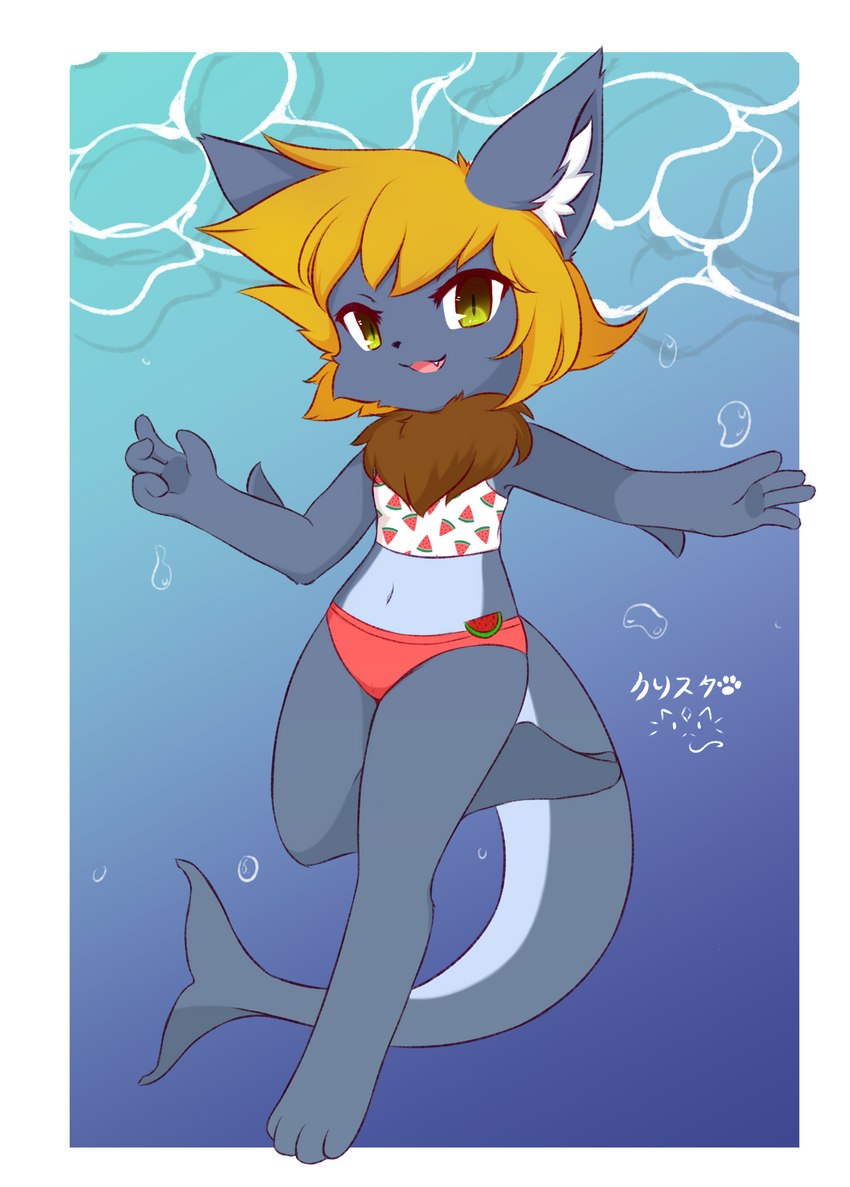 4_fingers anthro bikini blonde_hair chest_tuft clothing female fingers hair midriff navel solo swimwear tankini tuft two-piece_swimsuit underwater water yellow_eyes young kryztar roxanne_(fjordslord) domestic_cat felid feline felis fish hybrid mammal marine shark absurd_res hi_res signature