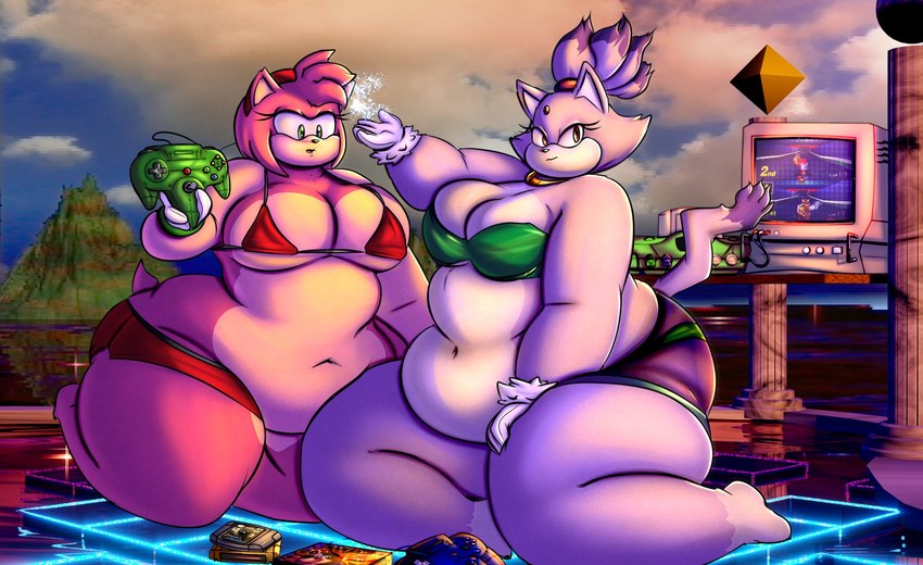 abstract_background accessory anthro bedroom_eyes belly belly_overhang big_belly big_breasts big_butt bikini bikini_top bottomwear bra breasts butt chubby_face cleavage clothed clothing controller controller_on_ground duo electronics fat_rolls female female/female flabby_arms forehead_gem fur game_cartridge game_console gem gloves green_eyes hair_accessory hair_ring hairband hand_on_leg hand_on_thigh handwear hyper jewelry narrowed_eyes obese obese_anthro obese_female overweight overweight_anthro overweight_female pink_body pink_fur psychedelic_background purple_body purple_fur seductive shorts swimwear tail tan_body tan_fur television thick_thighs two-piece_swimsuit underwear white_body white_fur wide_hips yellow_eyes nobody-64 nintendo nintendo_64 sega sonic_the_hedgehog_(series) amy_rose blaze_the_cat eulipotyphlan felid feline hedgehog mammal 2023 hi_res