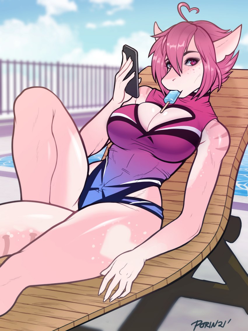 5_fingers anthro big_breasts breasts cellphone chair cleavage cleavage_cutout clothed clothing cutout day detailed_background electronics eyebrows eyelashes female fingers food furniture hair heart_symbol holding_cellphone holding_object holding_phone looking_at_viewer lounge_chair lying multicolored_clothing multicolored_swimwear non-mammal_breasts on_back one-piece_swimsuit outside phone pink_body pink_hair popsicle red_eyes side_cutout sideless_swimsuit sky solo swimming_pool swimwear porin shrimp_(uk_brony) fish marine shark 2021 3:4 digital_media_(artwork) hi_res