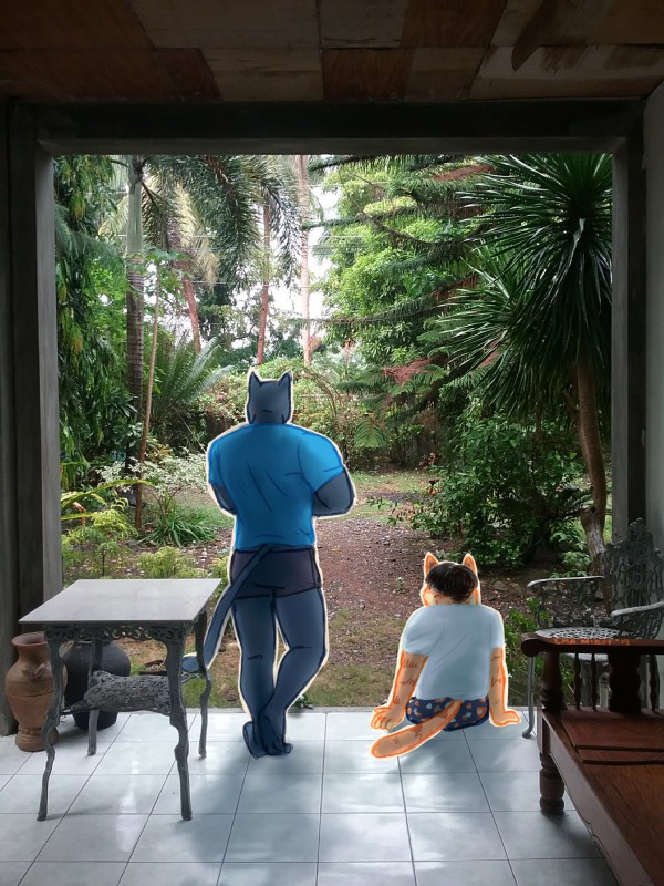 anthro blue_clothing blue_shirt blue_topwear bottomwear chair clothed clothing container crossed_arms duo floor front_view fully_clothed fur furniture jar looking_back male melanistic muscular muscular_male orange_body orange_fur photo_background plant porch pottery real rear_view shirt shorts sitting standing table tail tile tile_floor topwear underwear white_clothing white_shirt white_topwear alexyorim domestic_cat felid feline felis mammal 2019 3:4 absurd_res digital_media_(artwork) full-length_portrait half-length_portrait hi_res mixed_media photography_(artwork) portrait