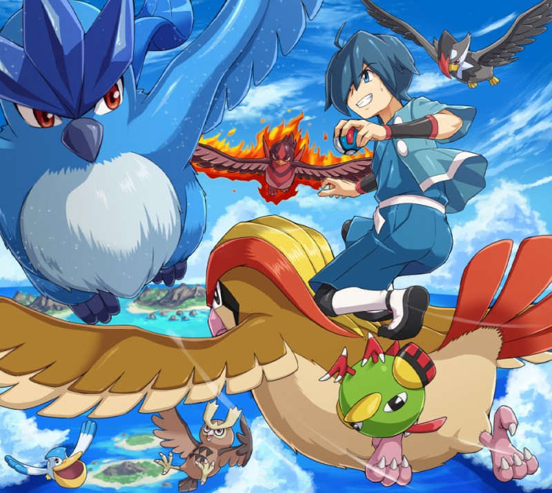 beak black_body black_feathers blue_body blue_eyes blue_feathers blue_hair brown_body brown_feathers cloud feathers feral fire flying great_ball green_body green_feathers group gym_leader hair island male pokeball red_body red_feathers sky water white_body white_feathers yellow_body yellow_feathers pokemoa nintendo pokemon falkner_(pokemon) articuno avian generation_1_pokemon generation_2_pokemon generation_3_pokemon generation_4_pokemon human legendary_pokemon mammal natu noctowl pelipper pidgeot pokemon_(species) staraptor swellow 2019