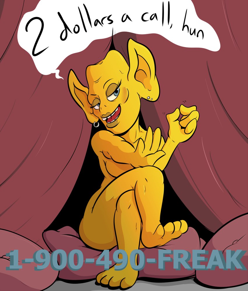 bedroom_eyes big_ears breasts crossed_legs crossgender dialogue ear_piercing ear_ring female front_view mtf_crossgender narrowed_eyes not_furry nude piercing ring_piercing seductive sitting solo text under_boob yellow_body yellow_skin davidsanchan 1-900-490-freak freddie_freaker goblin humanoid 2018 english_text hi_res