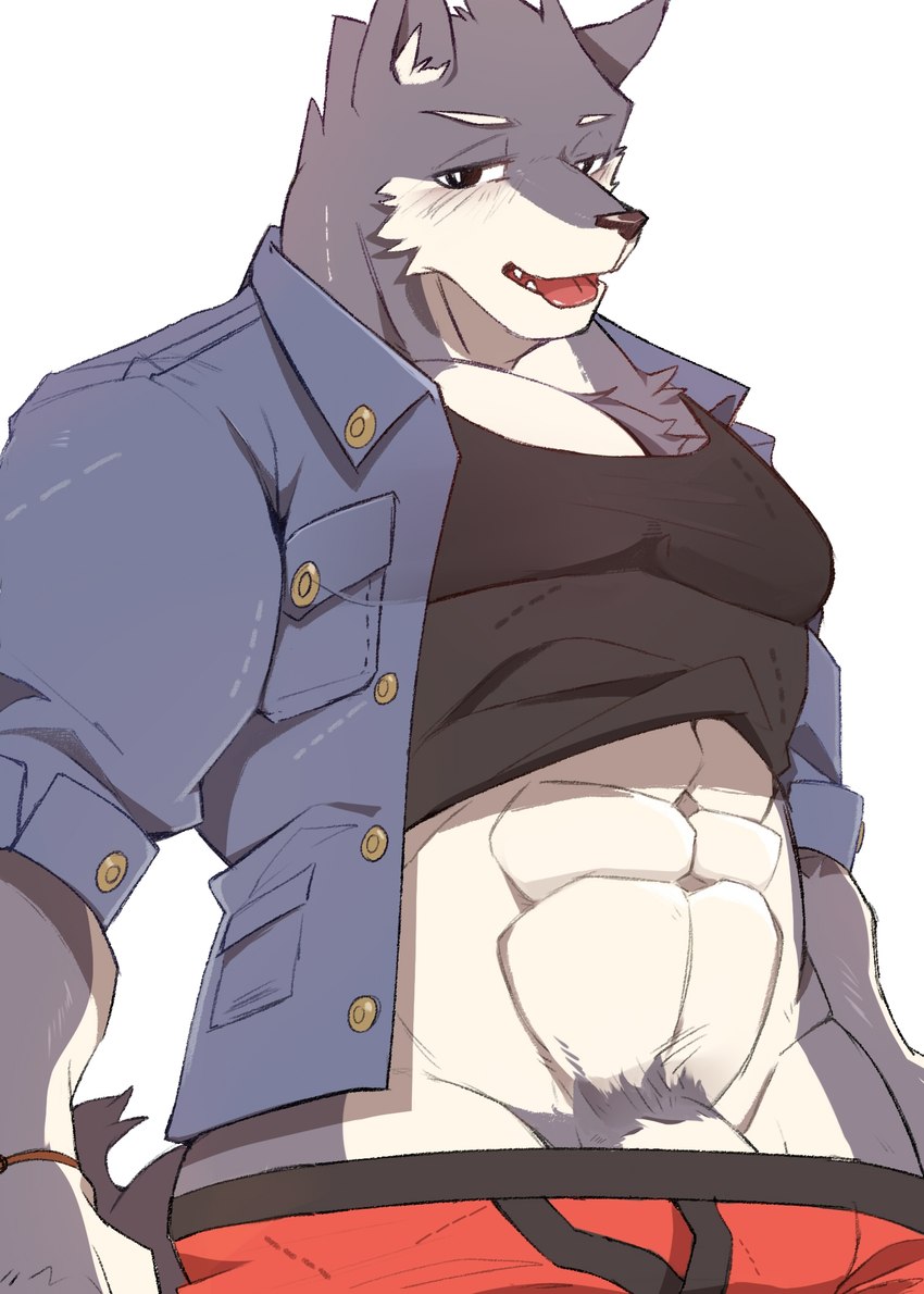 abs anthro biceps big_muscles black_nose clothing fur kemono male muscular muscular_anthro muscular_male solo hachi_duchi canid canine canis mammal wolf 2018 digital_media_(artwork) hi_res