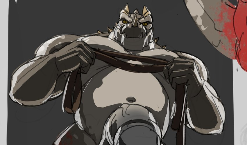 3_horns anthro back_spikes belt biceps blood blood_on_hand bodily_fluids bottomwear clothing deltoids facial_horn facial_spikes fist genitals grey_body grey_scales holding_belt holding_object horn looking_at_viewer looking_down looking_down_at_viewer low-angle_view male multi_horn musclegut muscular muscular_anthro muscular_male navel nipples nose_horn pecs penis penis_base scales solo spiked_tail spikes spikes_(anatomy) tail worm's-eye_view yellow_sclera saberzelgrath european_mythology mythology dragon mythological_creature mythological_scalie scalie western_dragon 2024