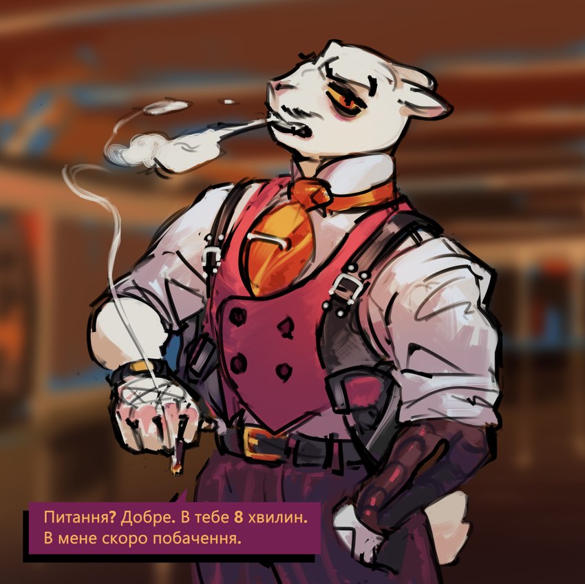 anthro cigarette clothed clothing ears_back facial_hair fully_clothed hand_in_pocket male mustache necktie pivoted_ears pockets scut_tail short_tail smoking smoking_cigarette solo tail text topwear vest goa7boy vince_(goa7boy) lagomorph leporid mammal rabbit hi_res ukrainian_text