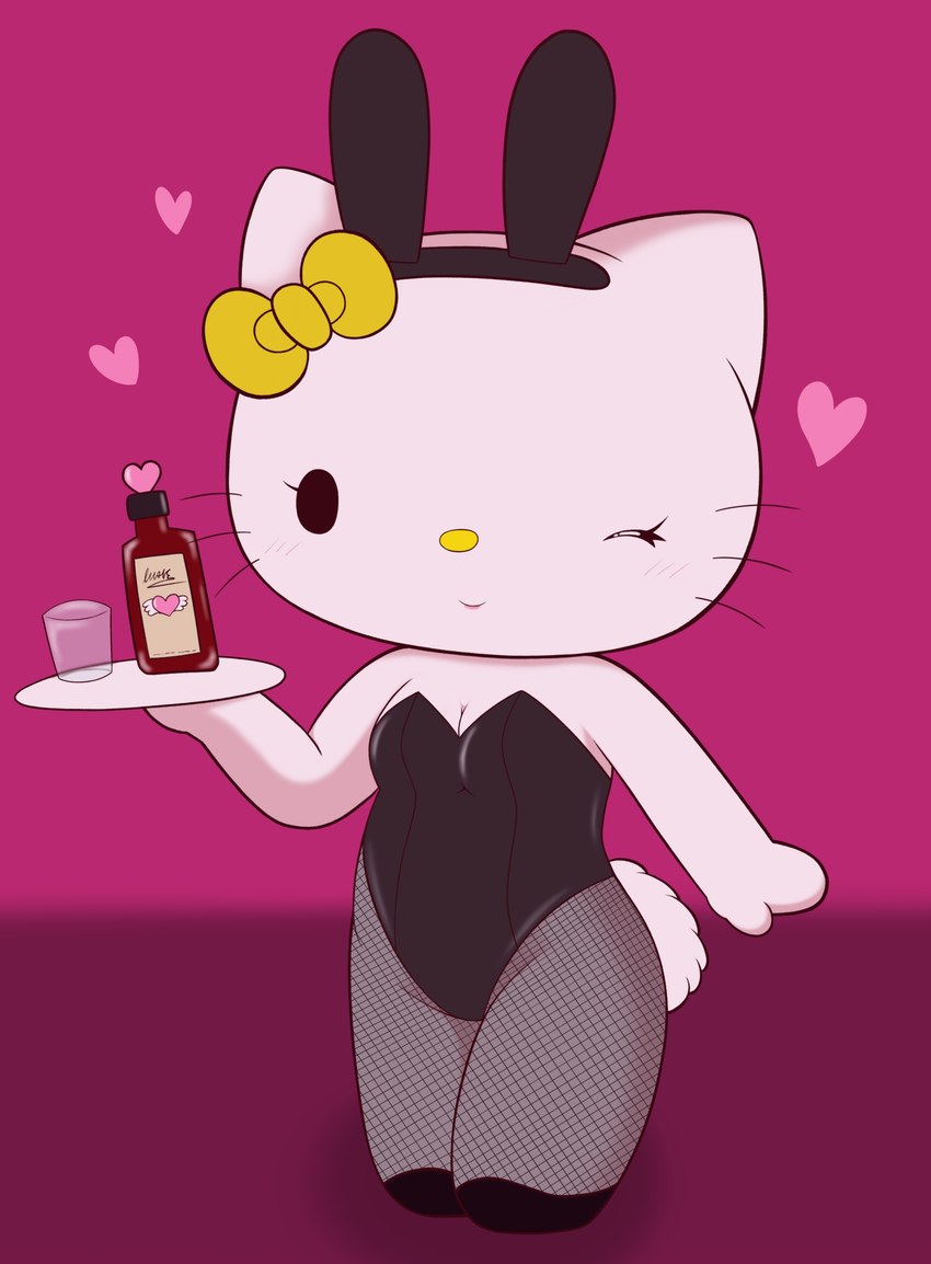 accessory alcohol anthro beverage black_eyes bow_(feature) bow_accessory bow_ribbon breasts bunny_costume chibi cleavage clothed clothing costume female fishnet_clothing fishnet_legwear hair_accessory hair_bow hair_ribbon heart_symbol legwear lipstick looking_at_viewer makeup one_eye_closed ribbons simple_background small_breasts smile solo white_body wink winking_at_viewer chrono_(pixiv) hello_kitty_(series) sanrio mimmy_white domestic_cat felid feline felis mammal 2021 absurd_res digital_media_(artwork) hi_res