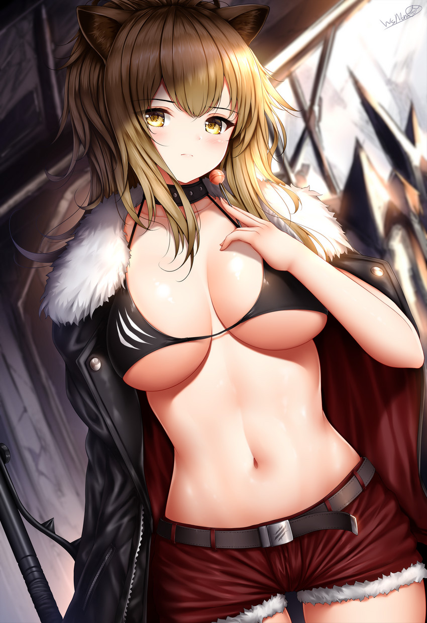 belt blonde_hair blush bottomwear breasts candy clothing collar dessert female food hair holding_food holding_object jacket lollipop looking_aside navel shorts solo topwear wsman arknights hypergryph studio_montagne siege_(arknights) animal_humanoid felid felid_humanoid humanoid mammal mammal_humanoid 2019 half-length_portrait hi_res portrait