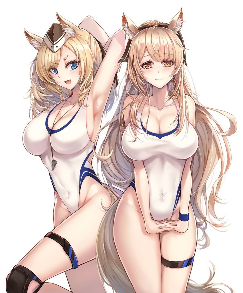 blonde_hair blue_eyes blush breasts cleavage clothed clothing duo female fluffy fluffy_tail fur hair happy hat headgear headwear inner_ear_fluff long_hair looking_at_viewer navel one-piece_swimsuit pose smile swimwear tail tuft whistle_(object) white_body white_fur yellow_eyes yuemanhuaikong arknights hypergryph studio_montagne blemishine_(arknights) whislash_(arknights) animal_humanoid equid equid_humanoid equine equine_humanoid horse horse_humanoid humanoid mammal mammal_humanoid 2020 hi_res portrait three-quarter_portrait