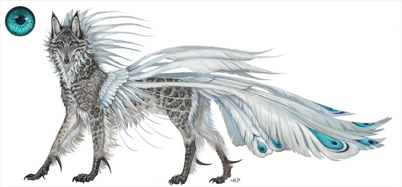 4_toes ambiguous_gender black_spots blue_eyes claws feathers feet feral fur grey_body grey_fur looking_at_viewer markings simple_background solo spots spotted_body spotted_fur toes white_background white_body white_feathers nukerooster feonix 2019 digital_media_(artwork)