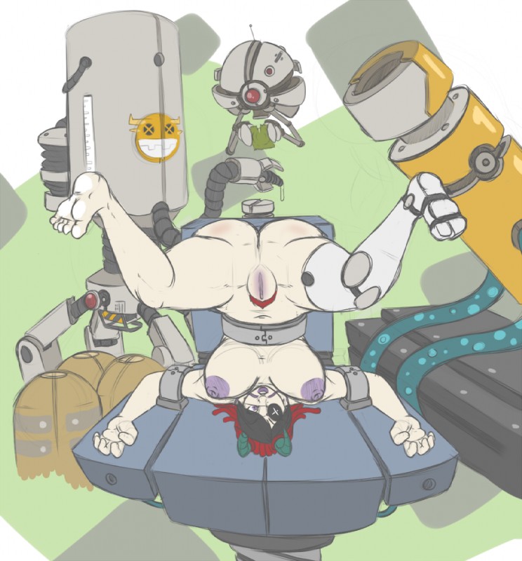 ambiguous_gender areola bound breasts butt female genitals group horn machine nipples not_furry pubes pussy slightly_chubby upside_down dannyg humanoid robot sketch