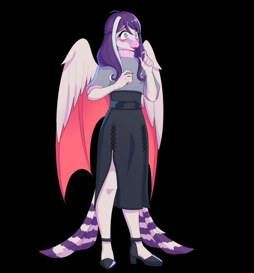 5_fingers anthro blaze_(marking) bodily_fluids bottomwear clothed clothing facial_markings feathers female fingers footwear grey_eyes hair head_markings high_heels markings membrane_(anatomy) membranous_wings pink_wings plantigrade purple_body purple_feathers purple_hair purple_scales scales shirt shoes simple_background skirt snout solo standing sweat tail tail_feathers topwear transparent_background white_hair wide_eyed wings aria_of_mercy cavemanon_studios snoot_game azura_(snoot_game) fan_character dinosaur prehistoric_species reptile scalie scansoriopterygid theropod yi_qi alpha_channel colored hi_res