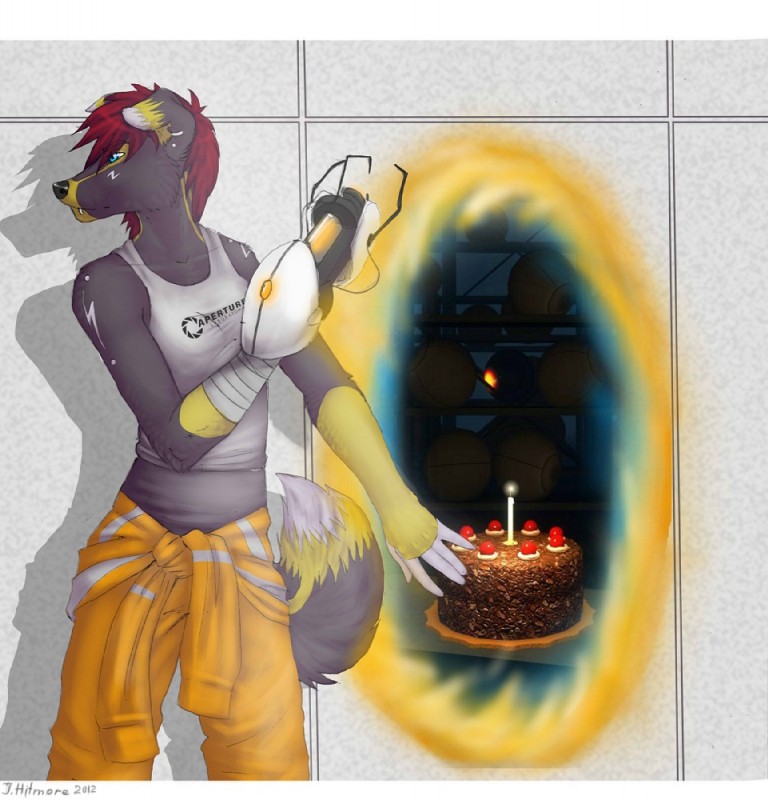 anthro biped cake clothed clothing dessert female food inside portal portal_gun ranged_weapon solo standing weapon hitmore portal_(series) valve canid canine mammal