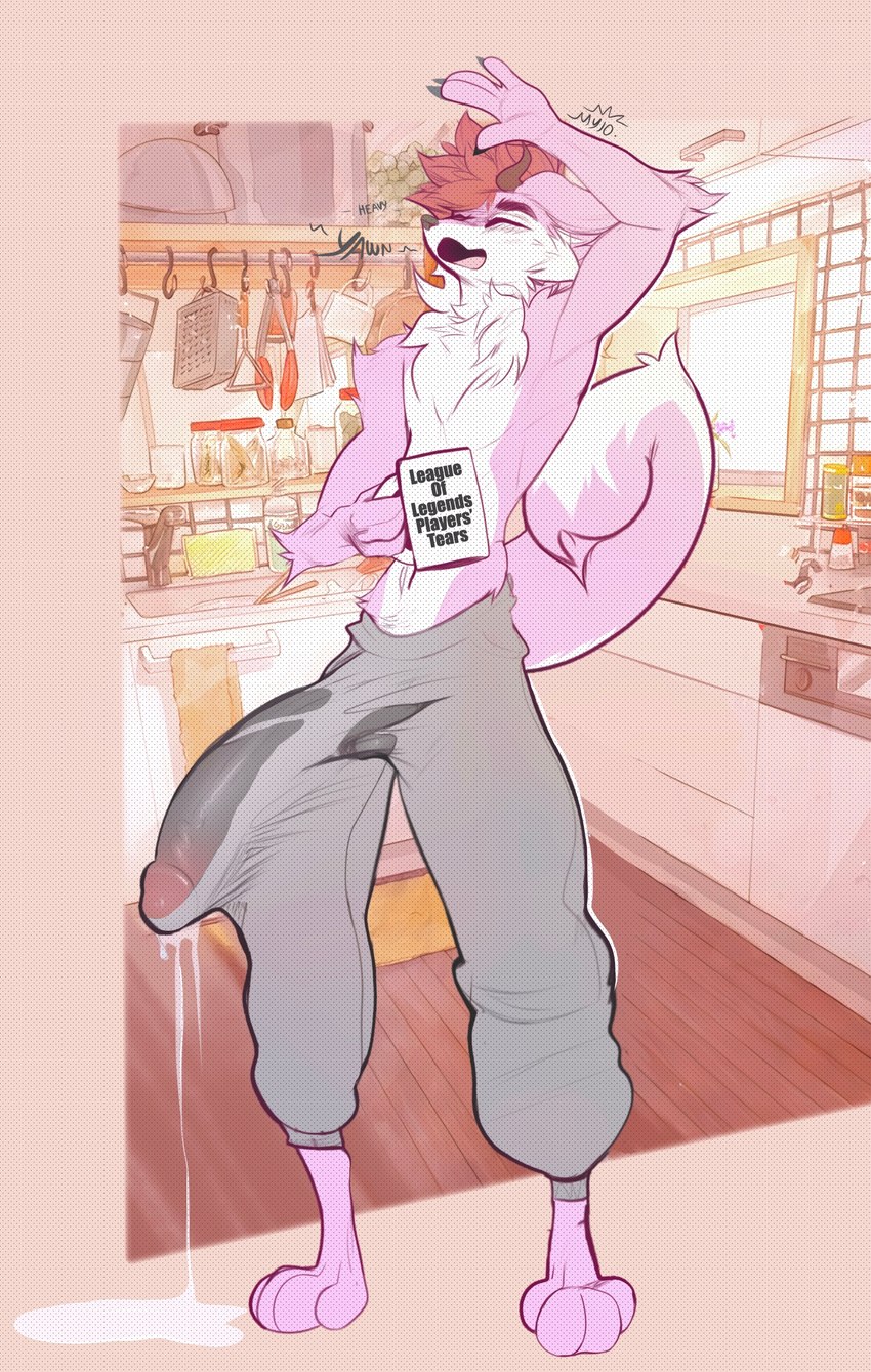 anthro big_penis black_penis bodily_fluids bottomwear clothed clothing coffee_mug detailed_background dripping erection excessive_genital_fluids excessive_precum fur genital_fluids genitals hair holding_object horn huge_penis kitchen male morning_wood open_mouth pants penis pink_body pink_fur pink_hair precum precum_drip shirtless solo stretching sweatpants text torn_clothing white_body white_fur yawn mylo_denmrind sion_allona canid canine canis domestic_dog husky hybrid mammal nordic_sled_dog spitz 2022 absurd_res digital_media_(artwork) english_text hi_res