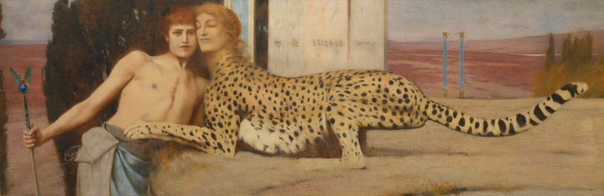 5_fingers countershade_fur countershade_torso countershading duo eyebrows fingers fur hair male markings paws spots spotted_body spotted_fur tail fernand_khnopff mythology public_domain cheetah felid feline human mammal mythological_creature mythological_sphinx 1896 19th_century absurd_res ancient_art hi_res oil_painting_(artwork)