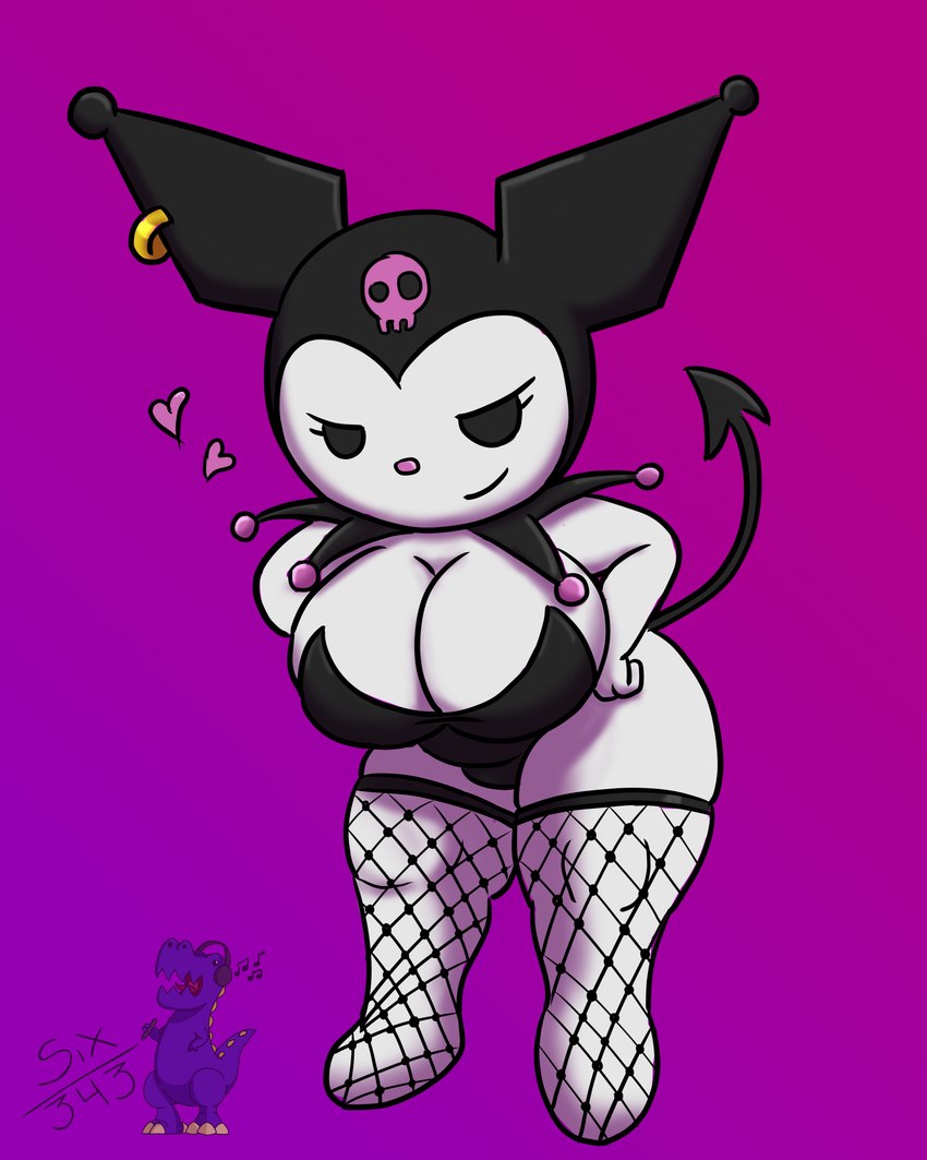 anthro big_breasts breasts clothing female female_anthro fishnet_clothing fishnet_legwear legwear ringed_ears simple_background solo spade_tail tail six343 onegai_my_melody sanrio kuromi demon lagomorph leporid mammal rabbit 4:5 absurd_res hi_res