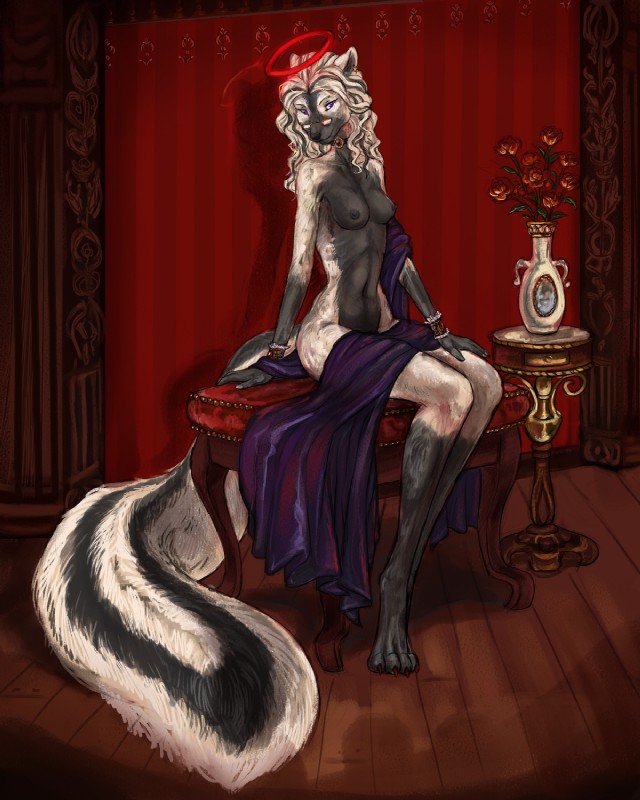 anthro black_nipples breasts countershading curtains female flower halo inside nipples nude plant reverse_countershading skinny solo tail vase bagheera mab asphyxia_lemieux mammal mephitid skunk 4:5 artist_collaboration hi_res