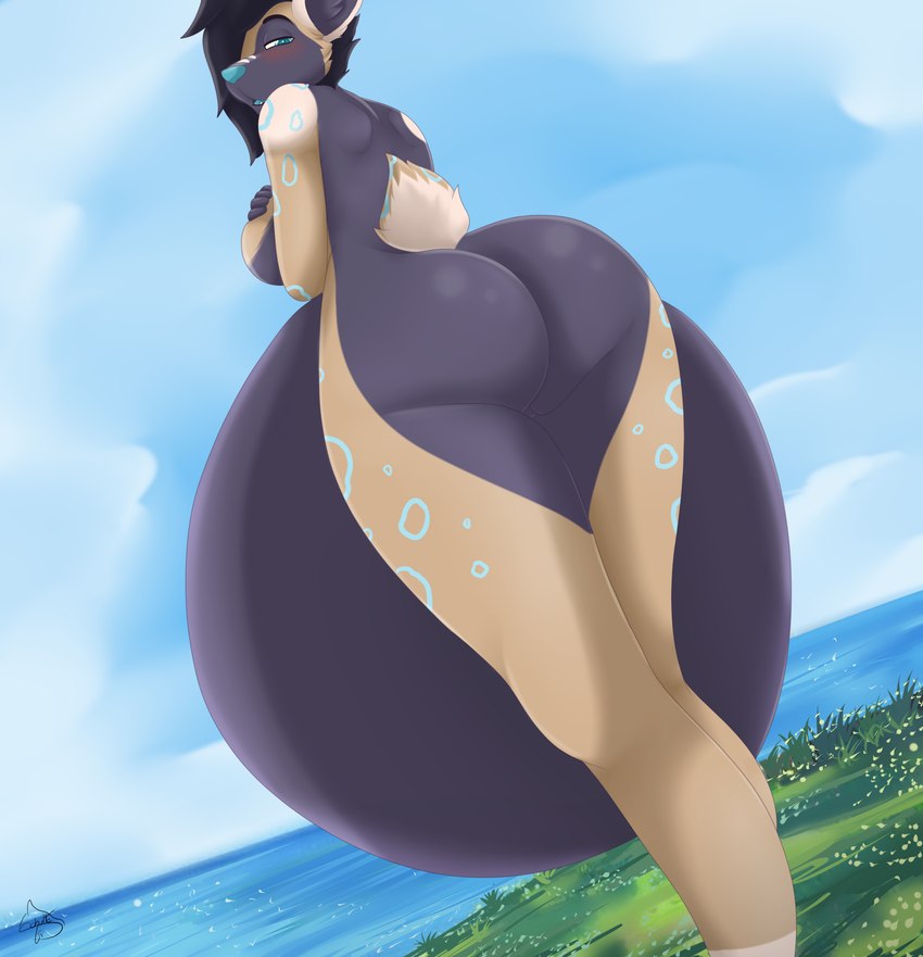 anthro belly belly_inflation big_belly big_butt blush breasts butt exhibitionism female huge_belly hyper hyper_belly inflation liquid_inflation nude outside public public_nudity solo wolfschulte claire_(xausr32) african_wild_dog canid canine mammal absurd_res hi_res