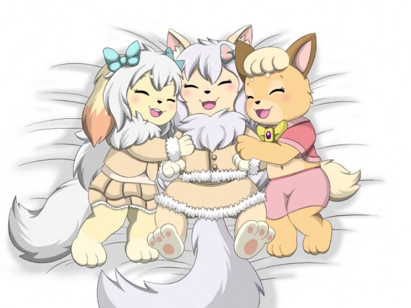 accessory anthro bed blush bow_(feature) bow_accessory bow_ribbon brown_body brown_fur clothed clothing female fur furniture group hair hair_accessory hair_bow hair_ribbon midriff navel partially_clothed paws ribbons simple_background teeth white_background white_hair young young_anthro winick-lim mei_(sirbrownbear) millie_(sirbrownbear) sophie_(sirbrownbear) bear canid canine canis domestic_cat domestic_dog felid feline felis mammal