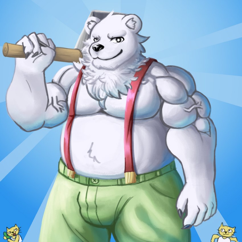 5_fingers anthro axe barazoku belly biceps big_belly biped bottomwear clothed clothing fingers fur holding_axe holding_object male melee_weapon musclegut muscular muscular_anthro muscular_male overweight overweight_anthro overweight_male pants pecs smile solo suspenders topless weapon white_body white_fur haha-yea nintendo rhythm_heaven lumbercat woodcutter_bear bear domestic_cat felid feline felis mammal polar_bear ursine 1:1 hi_res