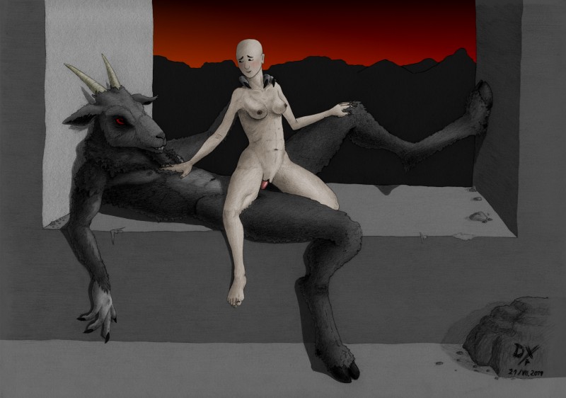 anthro anthro_penetrating anthro_penetrating_human bald barefoot biped blush breasts claws dark_body dark_fur duo erection feet female female_on_anthro female_penetrated fur genitals hand_on_back hand_on_chest hand_on_knee hand_on_leg hooves horizontal_pupils horn human_on_anthro human_penetrated interspecies larger_anthro larger_male light_body light_skin lying male male/female male_on_human male_penetrating male_penetrating_female navel nipples nude on_back penetration penile penile_penetration penis penis_in_pussy pupils pussy red_eyes sex size_difference smaller_female smaller_human smaller_penetrated teeth text vaginal vaginal_penetration dekxer bovid caprine caprine_demon demon human mammal satyr 2019 absurd_res dated english_text graphite_(artwork) hi_res traditional_media_(artwork)