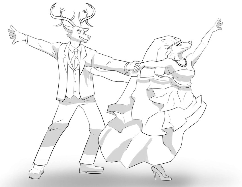 5_fingers anthro antlers breasts bride clothed clothing dancing dress duo female fingers fur groom hand_holding horn humanoid_hands male male/female smile suit wedding wedding_dress wedding_veil yeyeialba beastars juno_(beastars) louis_(beastars) canid canine canis cervine deer mammal red_deer wolf 2023 absurd_res hi_res monochrome