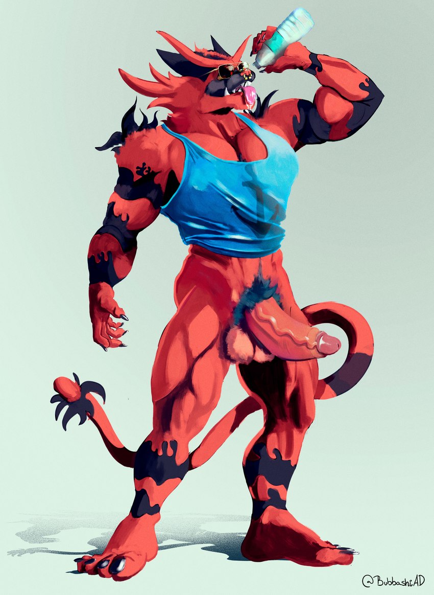 anthro balls biceps big_penis bodily_fluids clothed clothing cum erection fur genital_fluids genitals hair humanoid_genitalia humanoid_penis male muscular muscular_anthro muscular_male nipples nude open_mouth pecs penile penis piercing red_body red_fur simple_background smile solo teeth tongue vein bubbashiad nintendo pokemon felid feline generation_7_pokemon incineroar mammal pokemon_(species) 2021 absurd_res digital_media_(artwork) hi_res