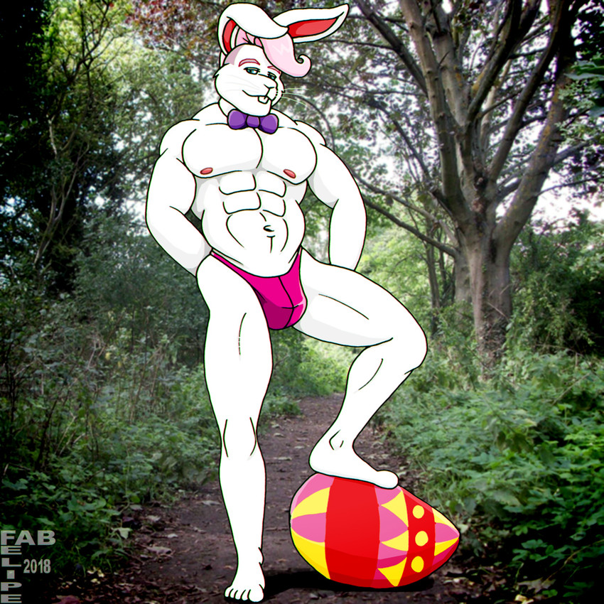 abs anthro bent_leg biped blue_eyes bow_tie buckteeth bulge closed_smile clothing easter_egg eyebrows feet fur hair holidays humanoid_feet male male_anthro mouth_closed muscular muscular_anthro muscular_male navel nipples pink_clothing pink_eyebrows pink_hair pink_thong pink_underwear plantigrade purple_bow_tie smile solo teeth thong underwear whiskers white_body white_fur fabfelipe easter easter_bunny lagomorph leporid mammal rabbit 1:1 2018 digital_media_(artwork) hi_res
