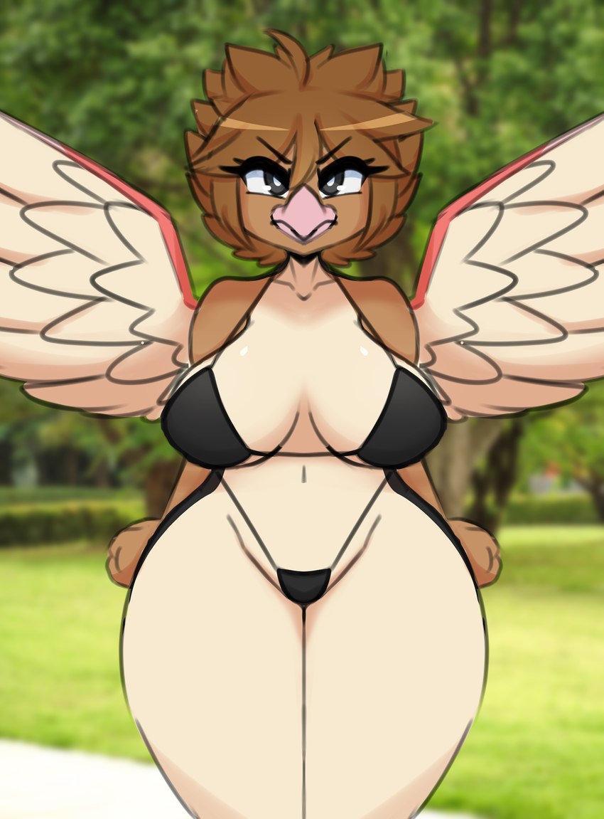 anthro beak big_breasts bikini black_bikini black_clothing black_eyes black_swimwear breasts brown_hair clothed clothing eyebrows eyelashes feathered_wings feathers female hair huge_thighs looking_at_viewer skimpy solo swimwear tan_body tan_feathers thick_thighs thong two-piece_swimsuit underwear wide_hips wings i_am_kat95 nintendo pokemon generation_1_pokemon pokemon_(species) spearow 2024 hi_res