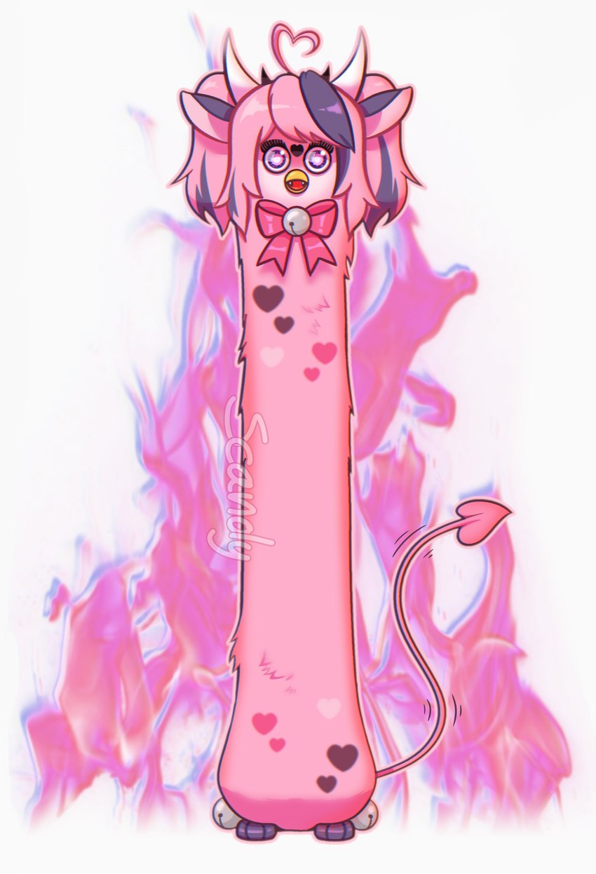 2_horns 3_toes anthro beak bell bow_ribbon eyelashes fangs feet female fur hair heart_(marking) heart_symbol highlights_(coloring) horn long_body long_hair looking_at_viewer markings open_mouth pigtails pink_body pink_fur pink_hair purple_eyes purple_highlights simple_background solo spade_tail tail teeth text toes tongue scandyeevee furby tiger_electronics vshojo vtuber ironmouse avian furby_(species) absurd_res artist_name digital_media_(artwork) hi_res watermark