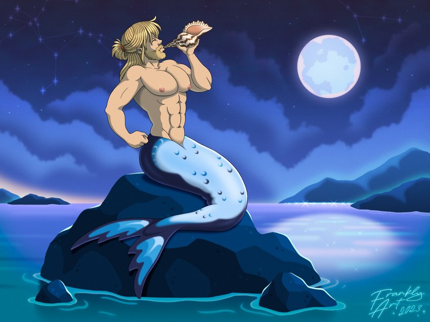 abs apode beard blonde_beard blonde_facial_hair blonde_hair blue_tail conch facial_hair flexing glitter hair legless light long_hair male manbun moon moonlight navel nipples on_rock pecs rock sea seashell shell sitting sitting_on_rock solo sparkles split_form tail waist water frankly-art humanoid humanoid_taur marine marine_taur merfolk taur