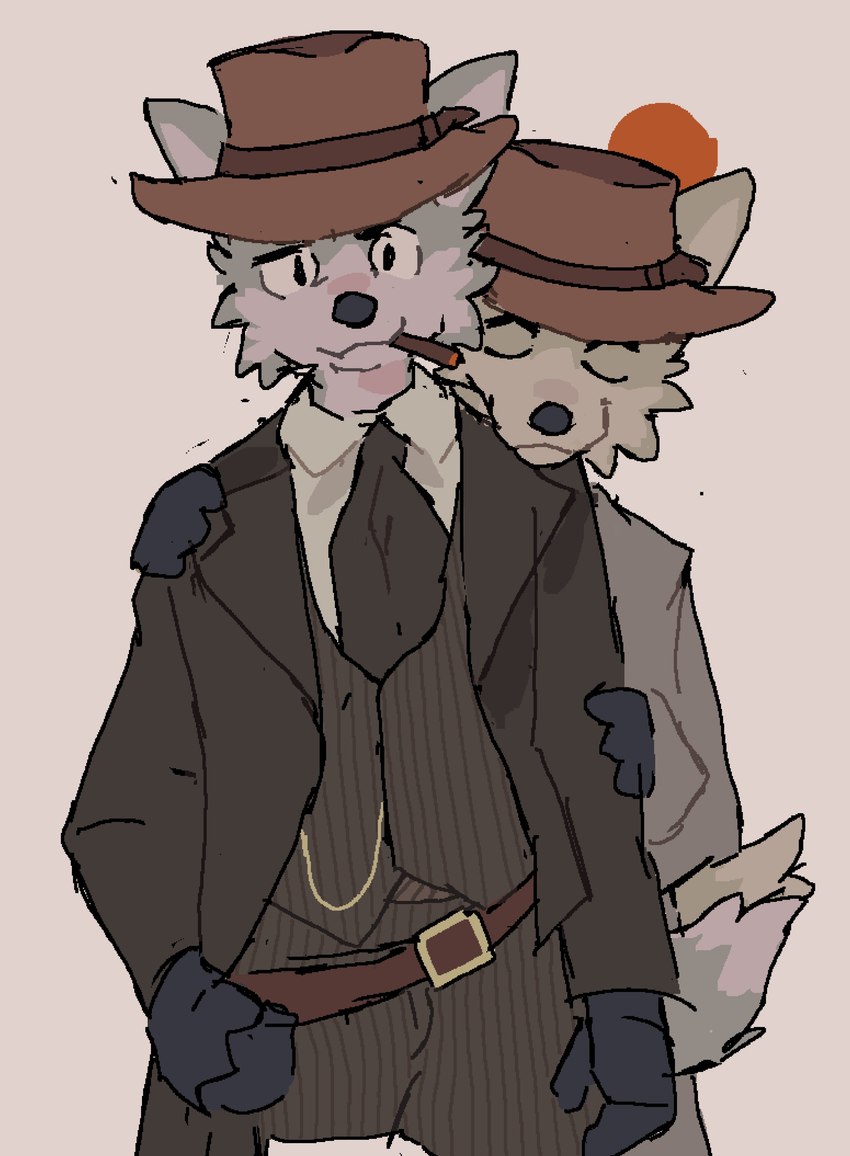 anthro belt brown_clothing brown_hat brown_headwear chin_on_shoulder cigar cigar_in_mouth clothed clothed_anthro clothed_male clothing collared_shirt duo eyes_closed front_view fully_clothed fully_clothed_anthro fully_clothed_male fur furgonomic_hat furgonomic_headwear furgonomics grey_body grey_ears grey_face grey_fur grey_tail hat head_on_shoulder headgear headwear male male/male male_anthro object_in_mouth simple_background suit suit_jacket tail topwear vest sneasul canid canine mammal 2024 absurd_res digital_drawing_(artwork) digital_media_(artwork) hi_res portrait