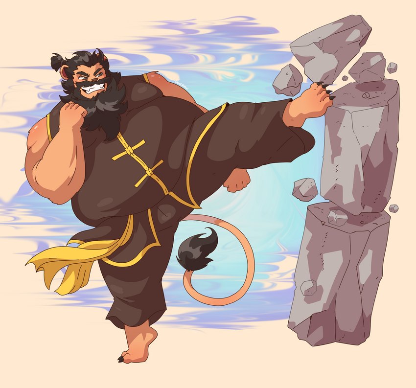 action_pose anthro asian_clothing beard belly big_arms big_belly big_legs big_moobs breaking_concrete brown_hair chinese_clothing clothing concrete east_asian_clothing facial_hair fur hair huge_belly kick male moobs musclegut muscular plantigrade ponytail pose pubes raised_leg slightly_chubby solo tail teeth thick_thighs docdraw_(artist) hasbro magic:_the_gathering wizards_of_the_coast koto_(yissnakkjr) catfolk felid leonin lion mammal pantherine absurd_res hi_res