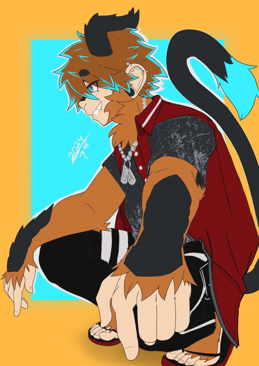 anthro clothed clothing dog_tags fur hair highlights_(coloring) horn looking_away male piercing scales simple_background smile smirk solo species_transformation tail teeth transformation tabascomilk haplorhine humanoid mammal monkey primate 2024 colored digital_drawing_(artwork) digital_media_(artwork) hi_res signature watermark