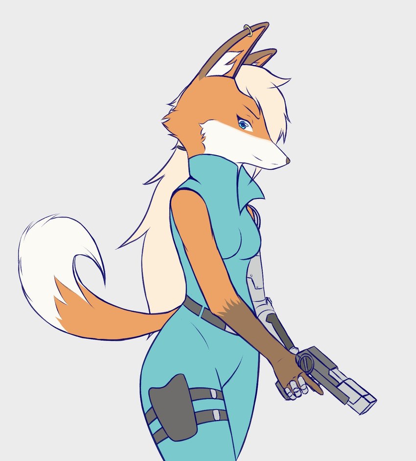 anthro blue_eyes bottomwear breasts clothing ear_piercing ear_ring female fur gun piercing prosthetic prosthetic_arm prosthetic_limb ranged_weapon ring_piercing simple_background solo topwear weapon white_background vecnarvi super_turbo_atomic_ninja_rabbit samantha_brown canid canine fox mammal 2019 hi_res