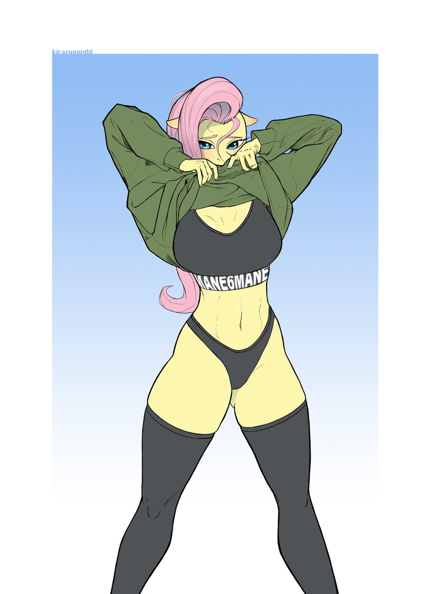 anthro black_bottomwear black_bra black_clothing black_panties black_pants black_underwear blue_eyes blush bottomwear bra clothed clothing clothing_lift female footwear green_clothing green_hoodie green_topwear hair hoodie hoodie_lift legwear panties pants pink_hair socks solo thigh_highs topwear training_bra underwear yellow_body kirasunnight friendship_is_magic hasbro my_little_pony fluttershy_(mlp) equid equine mammal absurd_res hi_res