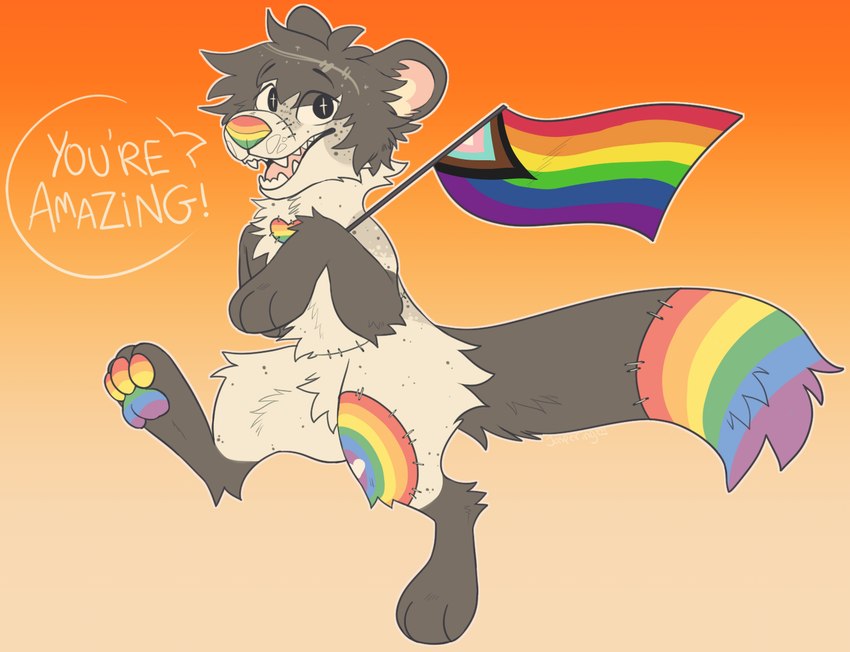 ambiguous_gender anthro compliment dialogue digitigrade flag flag_(object) fur grey_body grey_fur grey_hair grey_outline grey_text hair holding_flag holding_object lgbt_pride multicolored_pawpads nude open_mouth open_smile orange_background outline pawpads paws pink_inner_ear pink_tongue pride_color_flag pride_colors progress_pride_colors rainbow_nose rainbow_pawpads semi-anthro simple_background smile snout solo speech_bubble striped_nose striped_pawpads stripes surgical_suture talking_to_viewer teeth text tongue walking whisker_spots jaspering lgbt_pride_month pride_duskky canid canine duskky mammal patchwork_creature 2021 digital_drawing_(artwork) digital_media_(artwork) english_text flat_colors full-length_portrait handwritten_text portrait