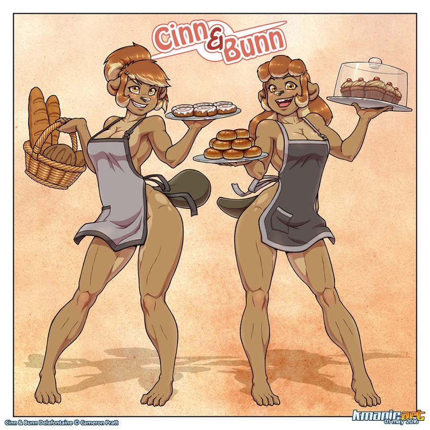 anthro apron apron_only bread breasts cinnamon_bun clothing cupcake duo female food mostly_nude muscular muscular_legs muscular_thighs pastry plantigrade side_boob keiron_white bunn_delafontaine cinn_delafontaine beaver mammal rodent 1:1 sibling_(lore) sister_(lore) sisters_(lore)