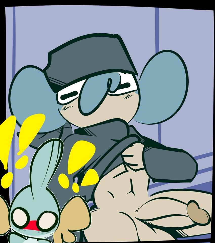 anthro balls blush clothing dick_pic duo female genitals headgear jacket male male/female no_pupils penis shocked topwear 1upgobbo nintendo pokemon kay_(1upgobbo) tobias_(1upgobbo) generation_3_pokemon generation_5_pokemon mudkip panpour pokemon_(species) hi_res