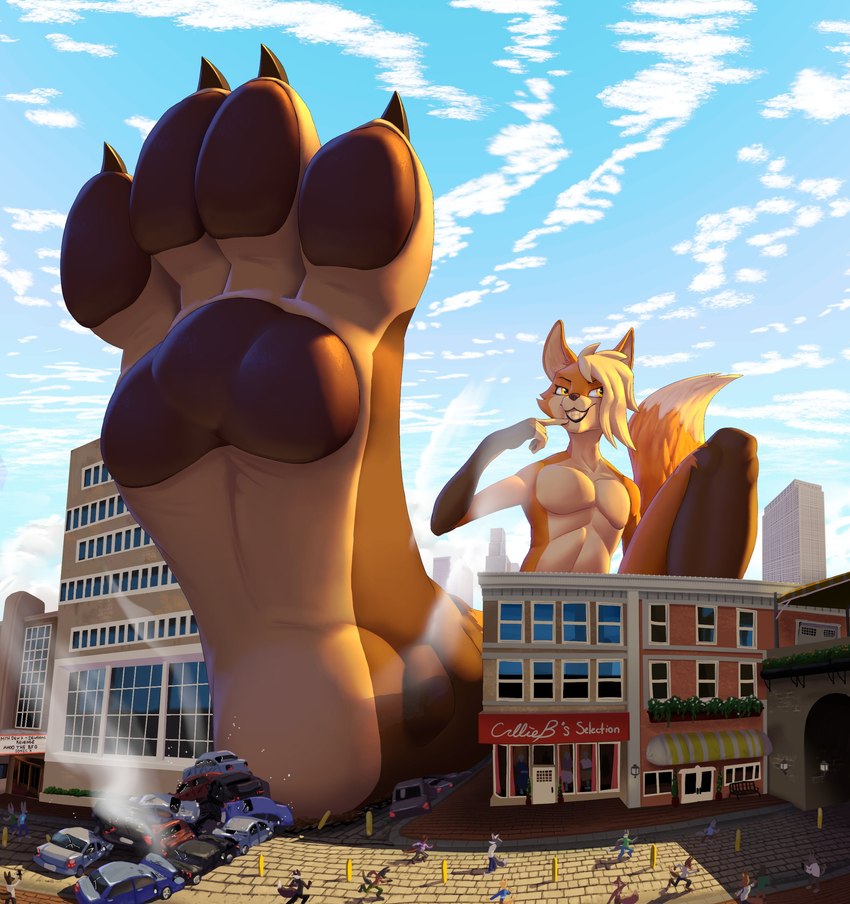 4_toes ambiguous_gender anthro big_feet black_pawpads brown_pawpads building city cloud crowd destruction extreme_size_difference feet femboy foot_focus fur group hair larger_male macro macro_female male male_focus pawpads paws size_difference sky smaller_ambiguous soles solo_focus toes white_hair blockman3_(artist) logan_grey canid canine fox mammal 2022 absurd_res digital_media_(artwork) hi_res