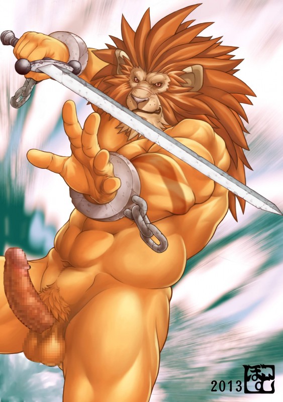 abs abstract_background action_pose anthro balls beard biceps big_muscles biped brown_nose chain cuff_(restraint) erection facial_hair fight genitals hair humanoid_genitalia humanoid_penis long_hair looking_at_viewer male mane melee_weapon muscular muscular_anthro muscular_male navel nude orange_body orange_skin penis pose pubes red_eyes restraints shackles simple_background solo standing sword weapon bomb_(artist) red_earth leo_(red_earth) felid lion mammal pantherine 2013 absurd_res censored hi_res mosaic_censorship