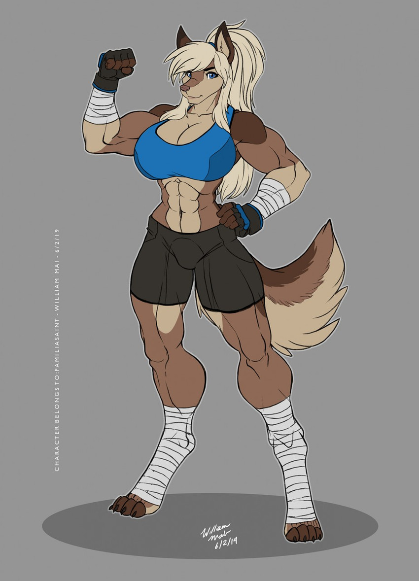 abs anthro arm_wraps athletic_wear bandage blonde_hair blue_eyes bottomwear bra broad_shoulders brown_body brown_fur clothing digitigrade exercise feet female flexing flexing_bicep fluffy fluffy_tail foot_wraps fur gloves gym_bottomwear gym_shorts hair hand_wraps handwear leg_wraps muscular muscular_anthro muscular_arms muscular_female muscular_thighs ponytail shorts simple_background solo sports_bra tail tan_body tan_fur thick_thighs tight_bottomwear tight_clothing tight_shorts tight_topwear topwear underwear workout workout_clothing workout_outfit wraps wmdiscovery93 elnora_karkhov canid canine canis mammal wolf hi_res