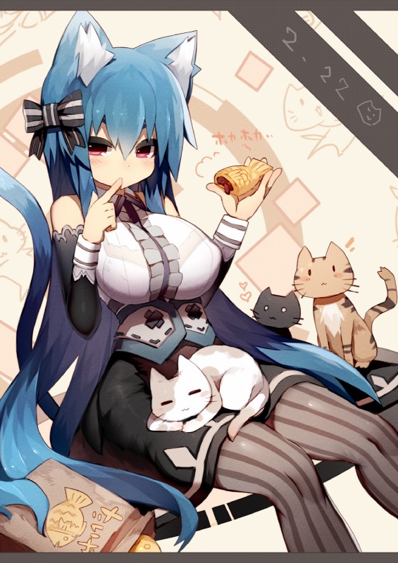 :3 :< accessory armwear blue_hair bow_(feature) bow_accessory bow_ribbon cat_tail clothing detached_sleeves eyes_closed female finger_to_mouth food group hair hair_accessory hair_bow hair_ribbon long_hair looking_at_viewer pink_eyes ribbons sitting sleeping taiyaki mamuru animal_humanoid cat_humanoid domestic_cat felid felid_humanoid feline feline_humanoid felis humanoid mammal mammal_humanoid hi_res