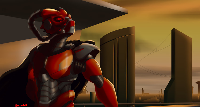 armor building cape city city_background clothed clothing detailed_background front_view landscape looking_up machine male not_furry outside red_body red_eyes simple_background sky solo spider_web standing dizrahk_(artist) bionicle lego sidorak humanoid robot robot_humanoid 2020 absurd_res digital_media_(artwork) hi_res