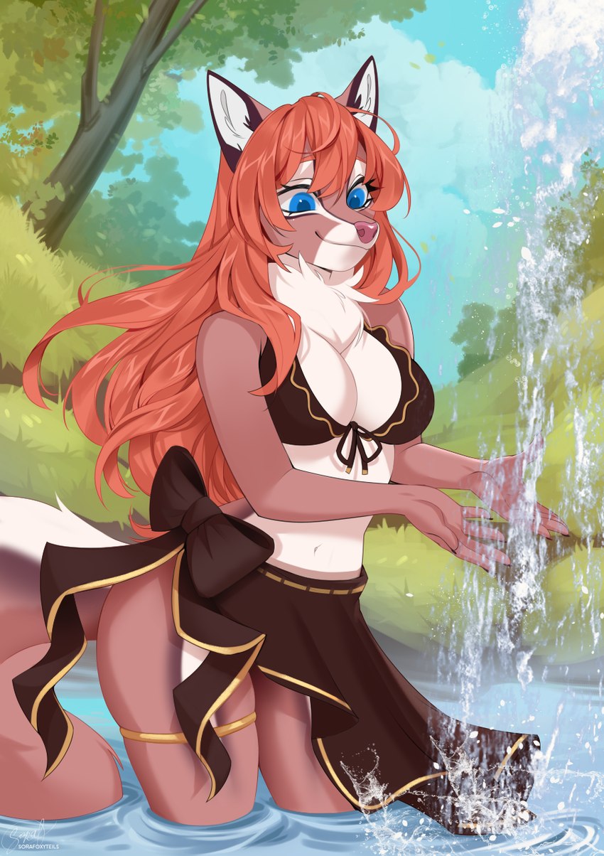 anthro blue_eyes female partially_submerged solo waterfall sorafoxyteils shana_the_chipfox canid canine fox mammal 2024 digital_media_(artwork) hi_res